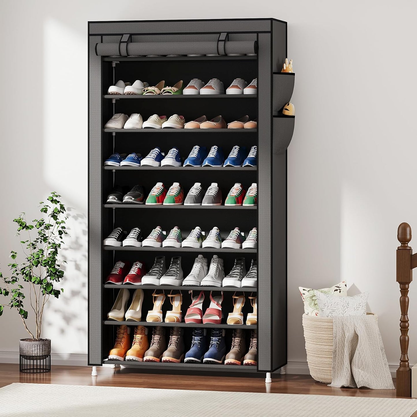 Laiensia 9-Tier Vertical Shoe Rack Organizer, Space Saving Shoe Storage Organizer, Non-Woven Cover Shoe Shelf Holds 36-45 Pairs for Bedroom, Hallway, Closet Entryway, Black