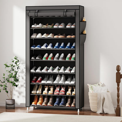 Laiensia 9-Tier Vertical Shoe Rack Organizer, Space Saving Shoe Storage Organizer, Non-Woven Cover Shoe Shelf Holds 36-45 Pairs for Bedroom, Hallway, Closet Entryway, Black