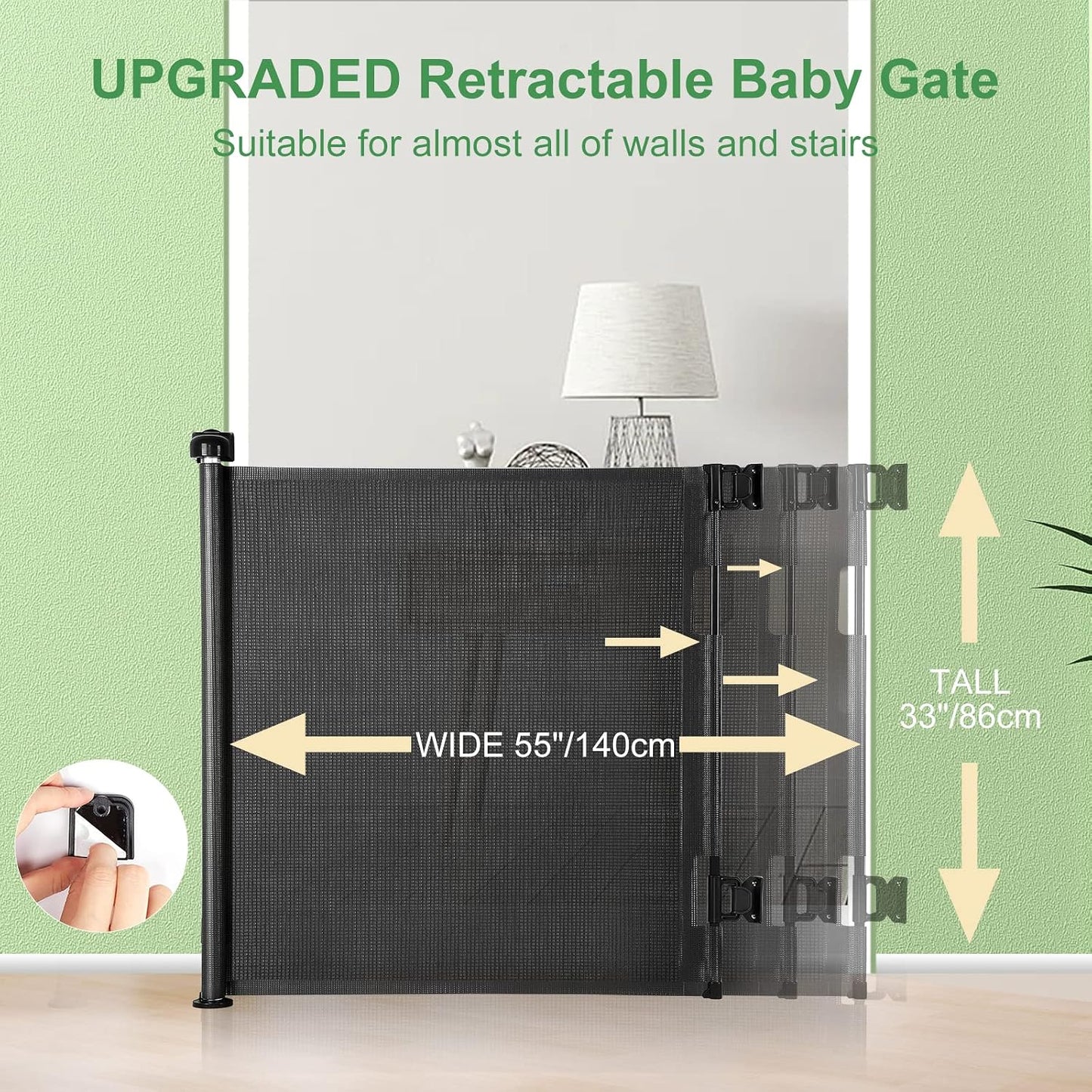 Retractable Baby Gate for Stairs & Doorways, 33" Tall Extends to 71" Wide | Extra Wide Safety Kid Pet Gate, Mesh Dog Gate for Indoor,Outdoor, Hallways One-Handed Operation, Easy Install(33”x71”-Black)