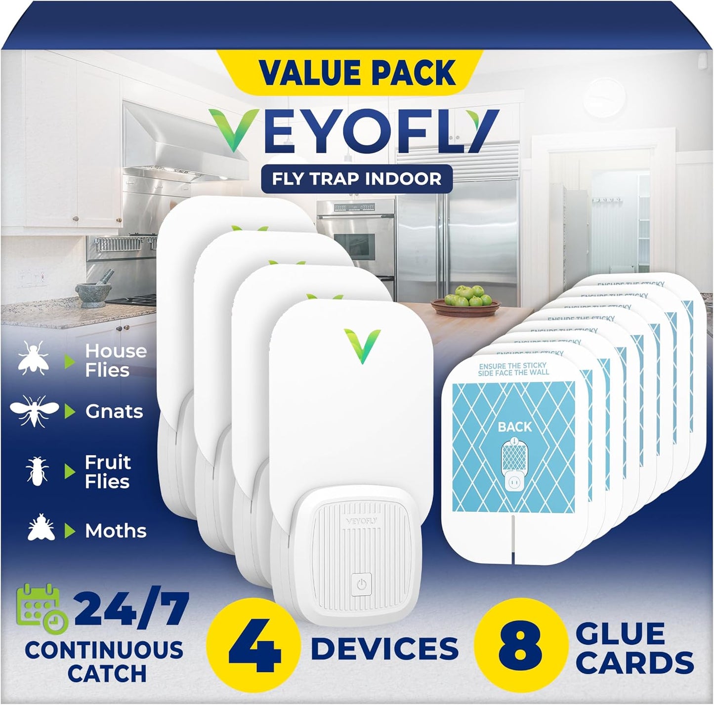 VEYOFLY Fruit Fly Traps for Indoors (2 Device + 4 Refills), Gnat Trap Indoor Plug in, Bug Traps, Flying Insect Trap, Gnat Traps for House Indoor, Fly Trap Indoor for Home Bug Light, Gnats Catcher
