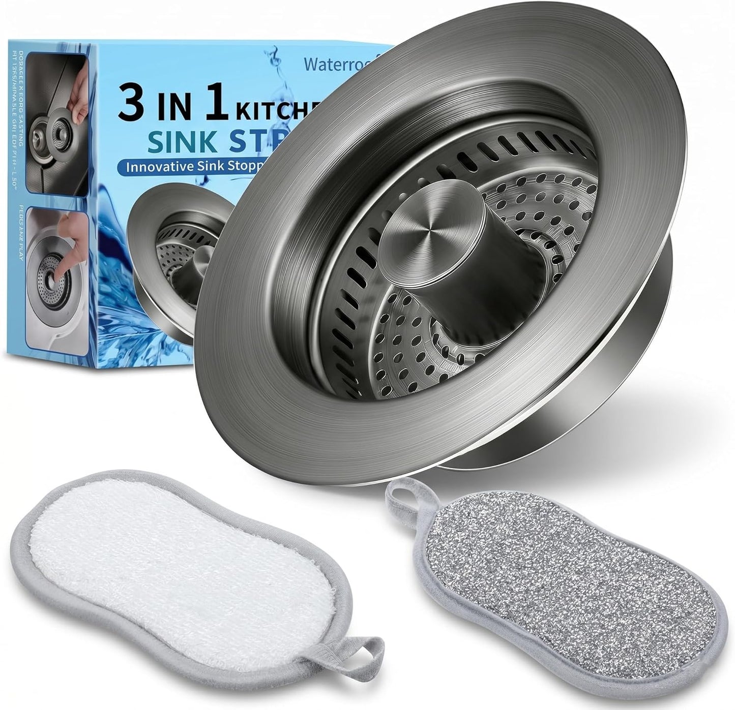 3-in-1 Kitchen Sink Drain Strainer - Pop Up Sink Stopper, Stainless Steel Sink Drain Strainer, Kitchen Sink Stopper & Drain Plug with Anti-Clogging Basket,Sink Strainer Fits US Standard 3-1/2'' Drains