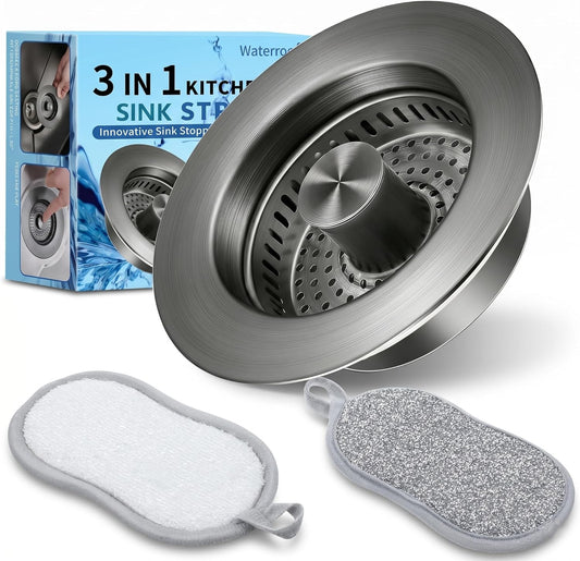 3-in-1 Kitchen Sink Drain Strainer - Pop Up Sink Stopper, Stainless Steel Sink Drain Strainer, Kitchen Sink Stopper & Drain Plug with Anti-Clogging Basket,Sink Strainer Fits US Standard 3-1/2'' Drains