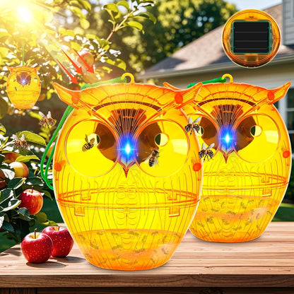 Solar Wasp Trap, Owl-Shaped Outdoor Hanging Bee Catcher with Solar LED Light, Non-Toxic Reusable Trap for Wasps, Hornets & Yellow Jackets, 2 Pack - Orange, Ideal for Gardens & Yards