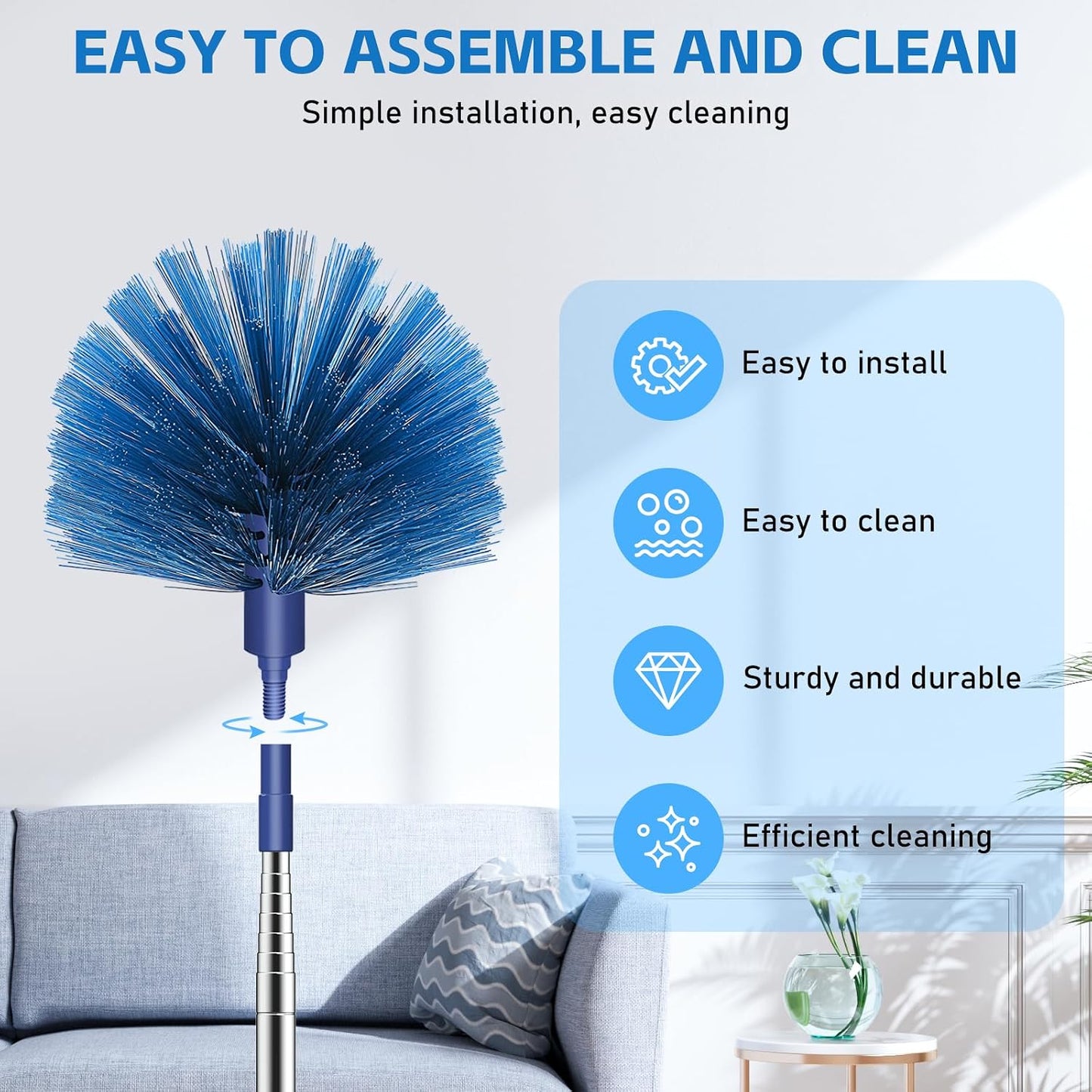 SetSail Cobweb Duster with Extension Pole, Retractable Dusters for Cobweb Cleaning 90-inch Long Handle Ceiling Fan Spider Web Brush for Outdoor Indoor High Ceilings