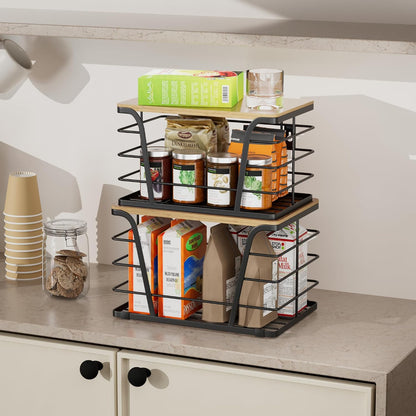 TIDIIABODE 2 Pack Stackable Storage Laundry Kitchen Organizers, Wall Mount Trash Bag Holder with Bamboo Top and Garbage Bag Dispenser No Drill