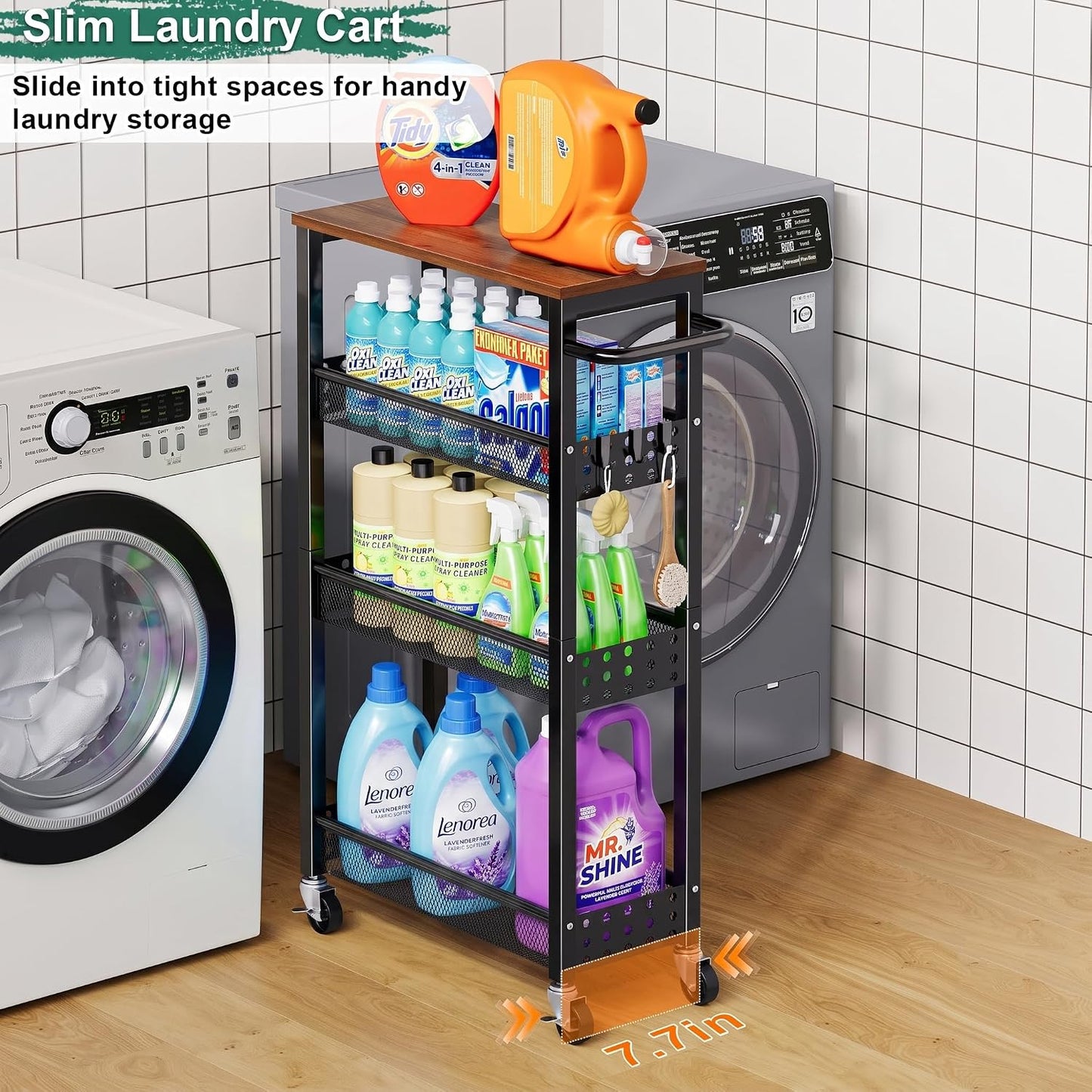 Utility Slim Storage Cart, 4-Tier Narrow Bathroom Organizers and Storage Cart, Narrow Metal Kitchen Laundry Room Organization Shelf with Wood Top, Slim Rolling Carts with Wheels for Small Space
