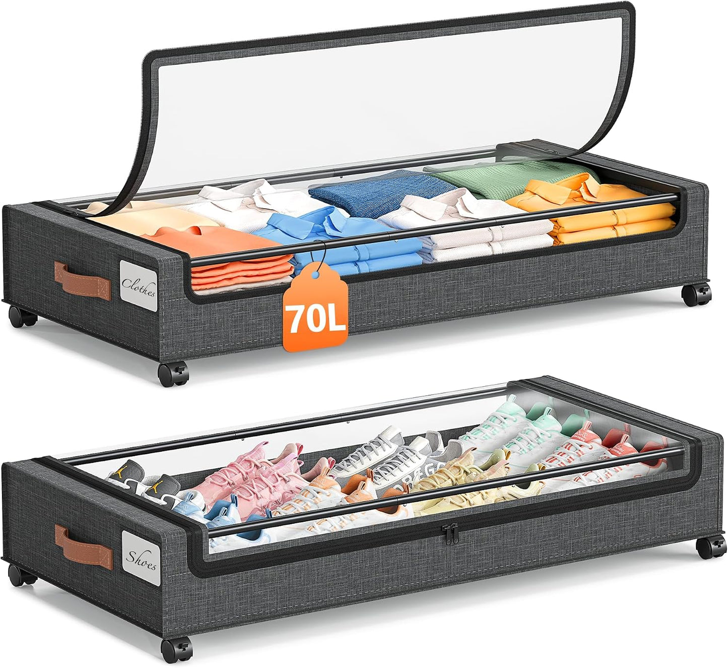 Yecaye Under Bed Storage with Wheels, 2 Pack Under Bed Storage Containers, 60L Underbed Shoe Storage with Clear Window & Label, Rolling Under Bed Metal Drawer for Clothes, Shoes, Books, Blankets