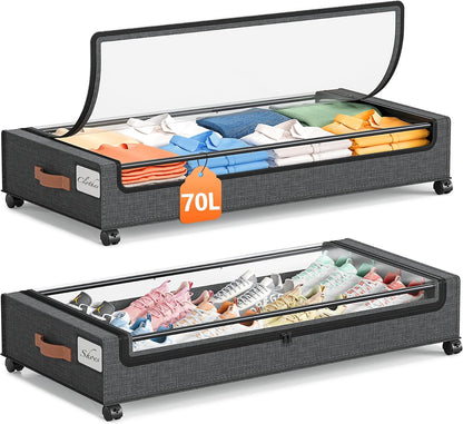 Yecaye Under Bed Storage with Wheels, 2 Pack Under Bed Storage Containers, 60L Underbed Shoe Storage with Clear Window & Label, Rolling Under Bed Metal Drawer for Clothes, Shoes, Books, Blankets
