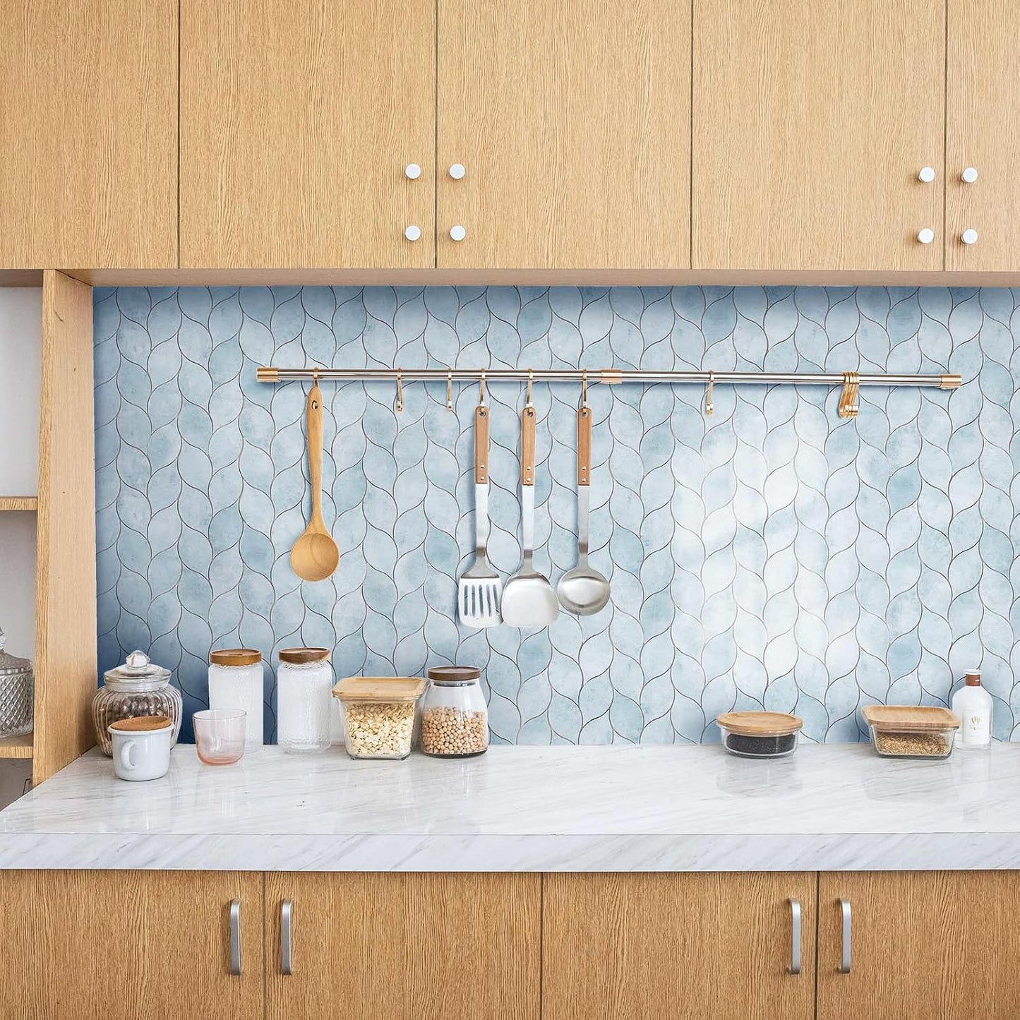 Tilingview 10-Sheet Peel and Stick Backsplash Tile for Kitchen, Self-Adhesive Mosaic Glossy Leaf Stick on Wall Tile with Gaps (Leaf Beige)