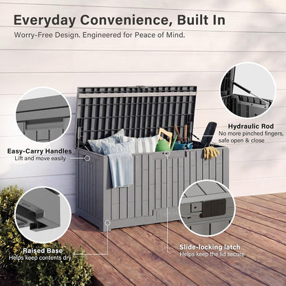 EAST OAK Outdoor Storage Box, 31 Gallon Deck Box Indoor and Outdoor Use, Waterproof Resin Storage Bin for Package Delivery, Patio Cushions, Gardening Tools, Lockable, UV Resistant, Grey