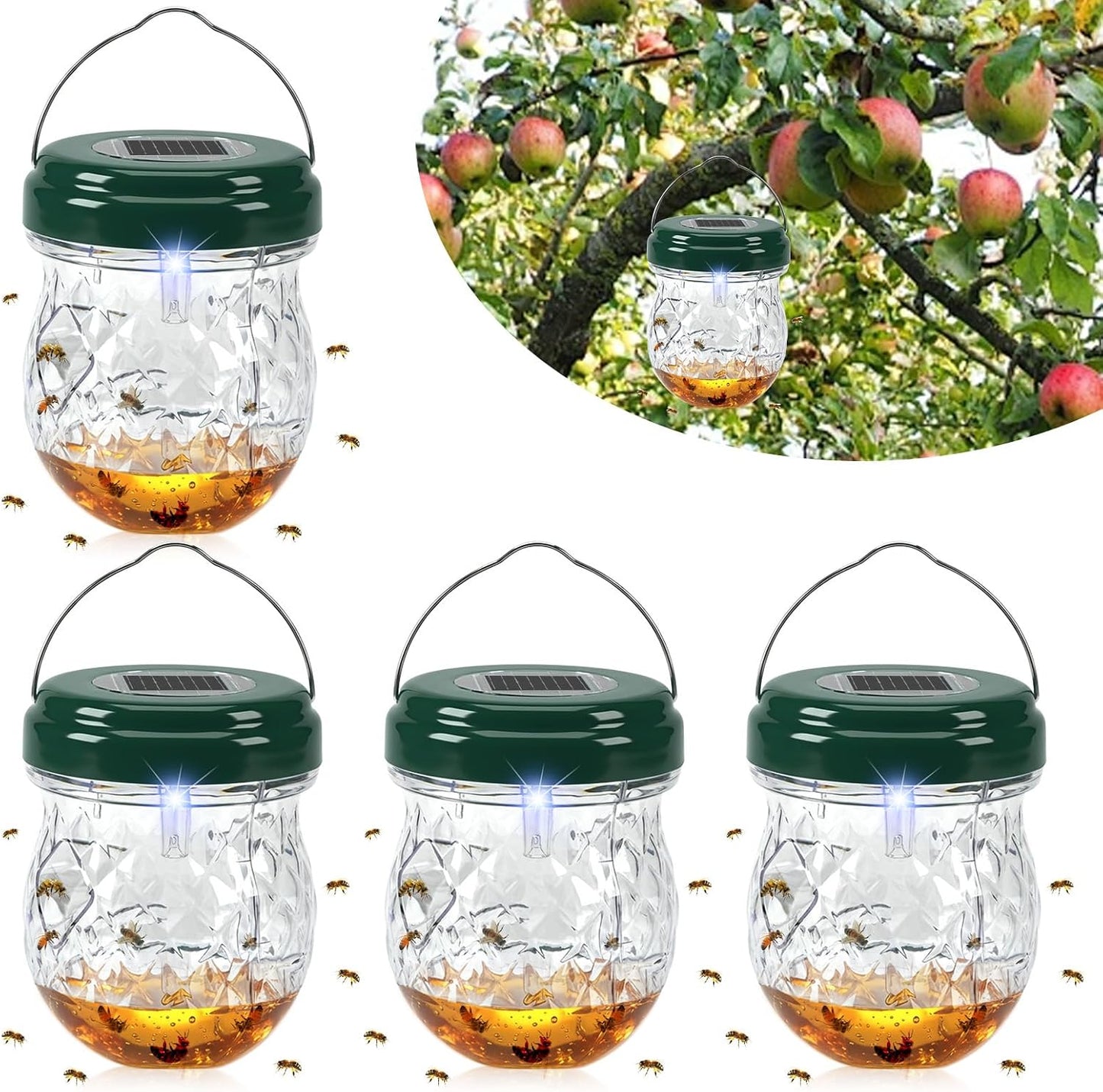 2026 Upgraded Solar Wasp Trap, 4 Pack Hanging Hornet & Bee Catcher with LED Light, Reusable Yellow Jacket Trap for Outdoors, Carpenter Bee Protection for Patio, Backyard, Garden