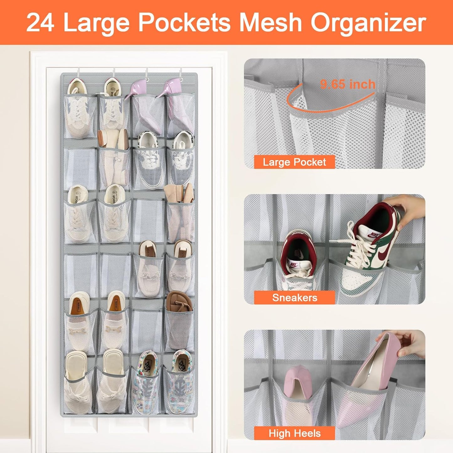 FENTEC 40 Large Pockets Over The Door Shoe Organizer, Mesh Hanging Shoe Organizer Shoe Rack for Closet Mesh Closet Shoe Holder, Over Door Organizer, Shoe Organizer for Wall, Grey, 1 Pack