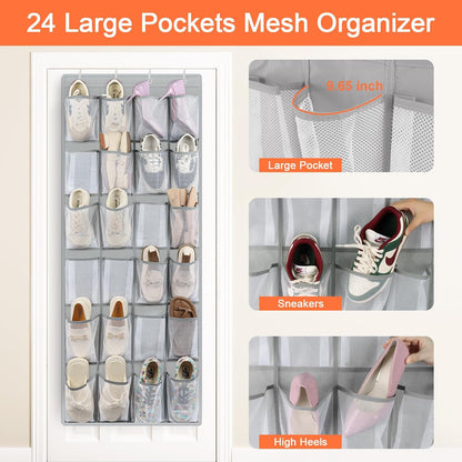 FENTEC 40 Large Pockets Over The Door Shoe Organizer, Mesh Hanging Shoe Organizer Shoe Rack for Closet Mesh Closet Shoe Holder, Over Door Organizer, Shoe Organizer for Wall, Grey, 1 Pack
