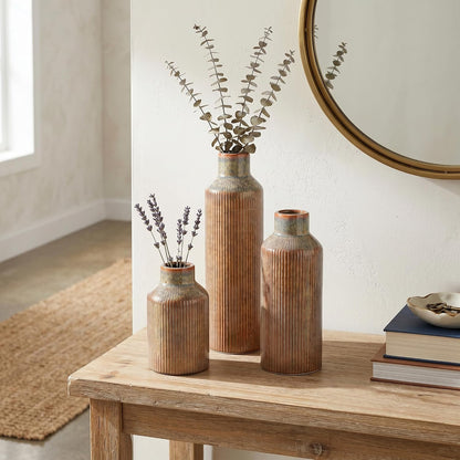Brown Ceramic Vase Set of 3 - Rustic Farmhouse Vases for Centerpieces Small Modern Decorative Vase for Flower Kitchen Bathroom Bedroom Living Room Shelf Home Decor