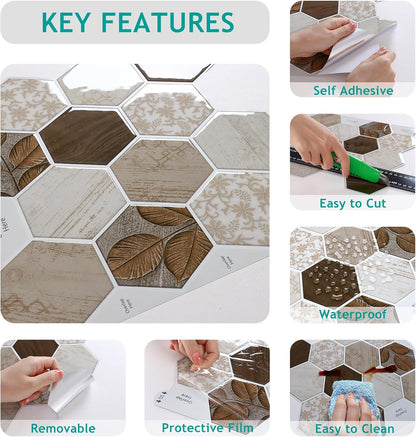 VEELIKE Boho Hexagon Peel and Stick Backsplash Tile Decals 6-Sheets Adhesive Waterproof Stick on Backsplash for Kitchen Bathroom 12''x12'' Temporary Wall Tile Stickers for Renters Laundry Fireplace