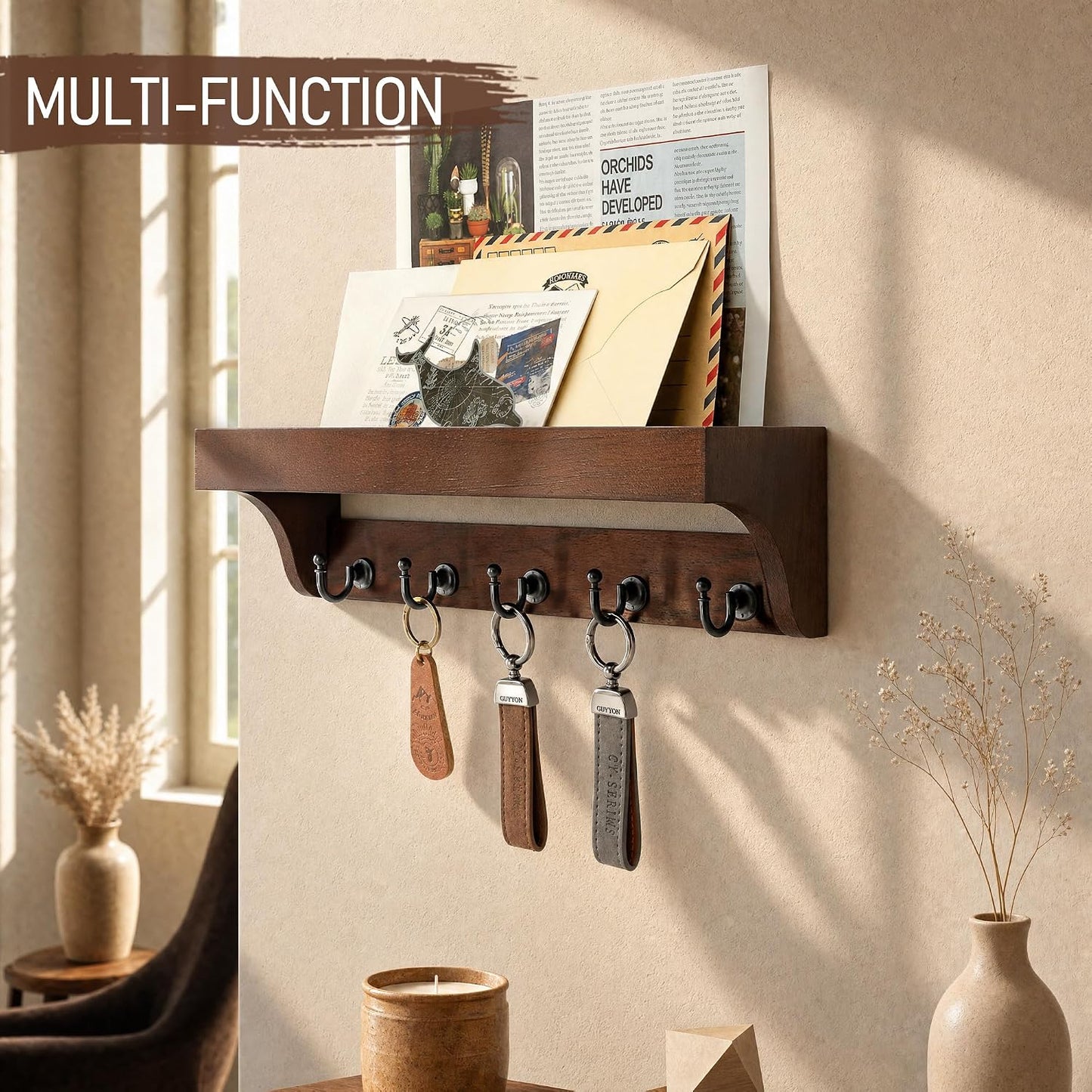 Rebee Vision Farmhouse Key Holder for Wall - Decorative Wooden Mail Organizer with 5 Rustic Key Hooks and Floating Shelf for Home Decor, Hallway, Entryway, Appartment (Retro Brown)