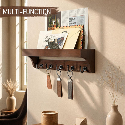 Rebee Vision Farmhouse Key Holder for Wall - Decorative Wooden Mail Organizer with 5 Rustic Key Hooks and Floating Shelf for Home Decor, Hallway, Entryway, Appartment (Retro Brown)