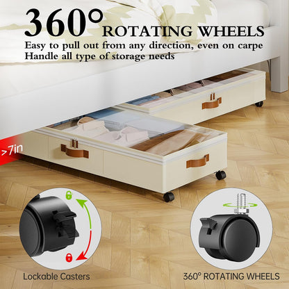 Yecaye Under Bed Storage with Wheels, 2 Pack Under Bed Storage Containers with Adjustable Dividers & Clear Lid, Rolling Underbed Organizer Bins Drawer for Clothes, Shoes, Blankets(30.3 x 16 x 6.7in)