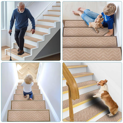 Stair Treads for Wooden Steps, 15 Pack 8"x30" Non-Slip Indoor Carpet Stair Treads with Reusable Polyester TPE Backing for Kids Elders and Pets (Dark Gray)