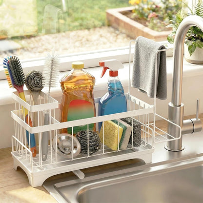 Sponge Holder for Kitchen Sink, Sink Caddy Organizer with Detachable Cloth & Brush Holder, Self-Draining Sponge Caddy Organizer with 360° Rotatable Spout, Kitchen Countertop Storage Accessories(Black)