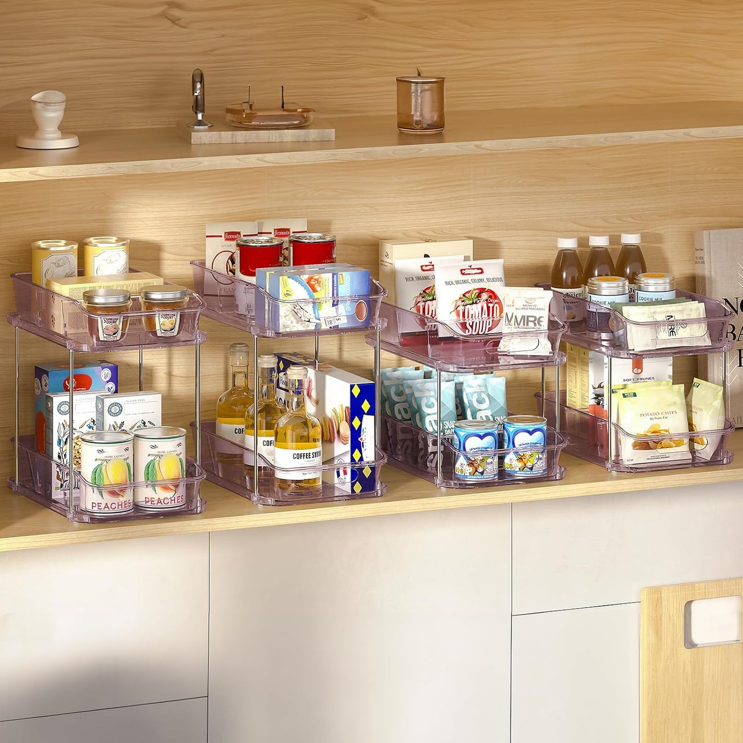 Delamu 2-Tier Under Sink Organizers and Storage, Multi-Purpose Stackable Bathroom Cabinet organizers, Pull Out Kitchen Pantry Organization and Storage with Dividers(2 Pack, Clear)
