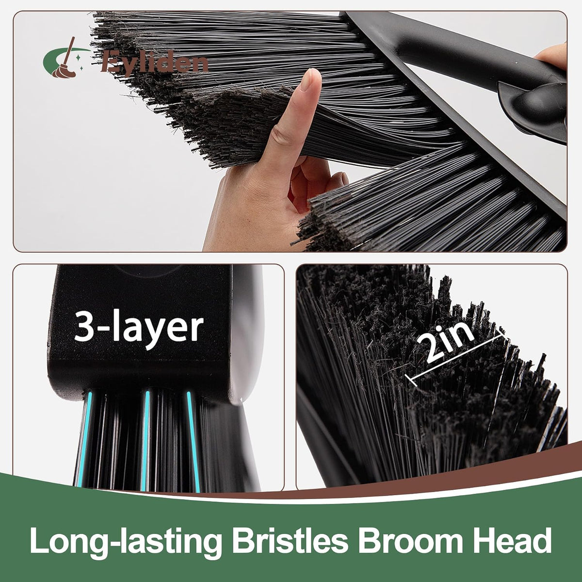 Eyliden Angle Broom with 57" Long Handle, Outdoor Indoor, Green | Heavy-Duty Cleaning, Also Works Well Fine Dust - PET Bristles, Commercial Sweeper for Courtyard Sidewalk Deck Kitchen Lobby