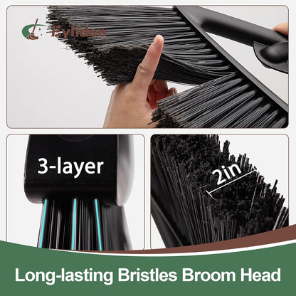 Eyliden Angle Broom with 57" Long Handle, Outdoor Indoor, Green | Heavy-Duty Cleaning, Also Works Well Fine Dust - PET Bristles, Commercial Sweeper for Courtyard Sidewalk Deck Kitchen Lobby