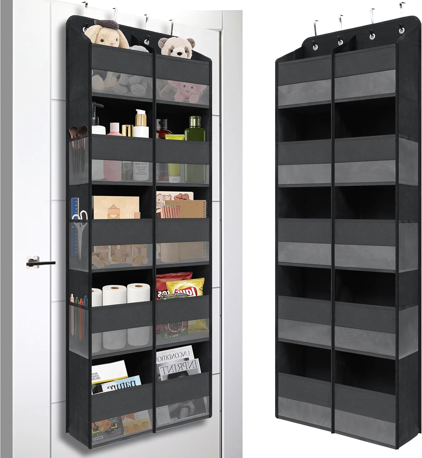 Giraffe Creation Black Over Door Organizer with 10 Large Clear Pockets, Double-Row Hanging Door Storage for Closet, Bathroom, Nursery, Bedroom, Dorm, Toys, Cosmetics, Baby Essentials