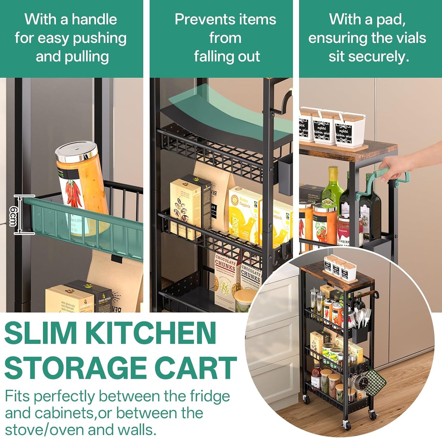 DTUQYX Slim Bathroom Storage Cart, 4 Tier Small Rolling Organizer Cabinet with Wood Top Handle, Mobile Shelving Unit Slide Out for Office, Kitchen, Laundry Room & Narrow Places (9.1" W Metal Basket)