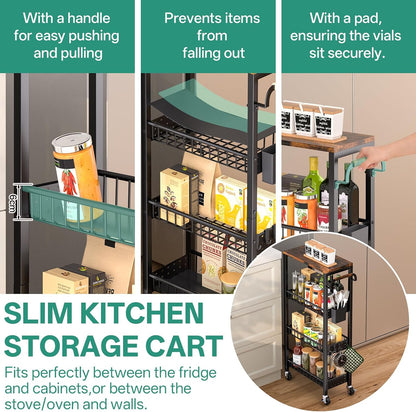 DTUQYX Slim Bathroom Storage Cart, 4 Tier Small Rolling Organizer Cabinet with Wood Top Handle, Mobile Shelving Unit Slide Out for Office, Kitchen, Laundry Room & Narrow Places (9.1" W Metal Basket)
