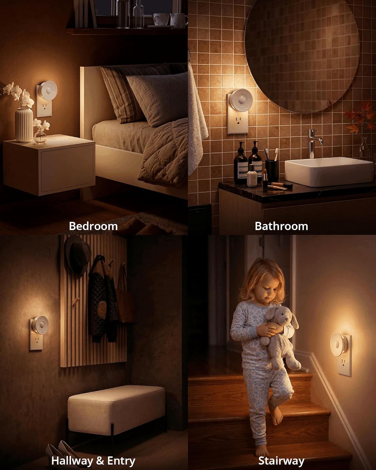Lyridz Plug-in Backlit Motion Sensor Night Light with Dusk to Dawn Sensor, 1-50LM Precise Dimmable Wall Lights for Bedroom, Bathroom, Hallway, Stairs, Nursery, Warm White, 4-Pack