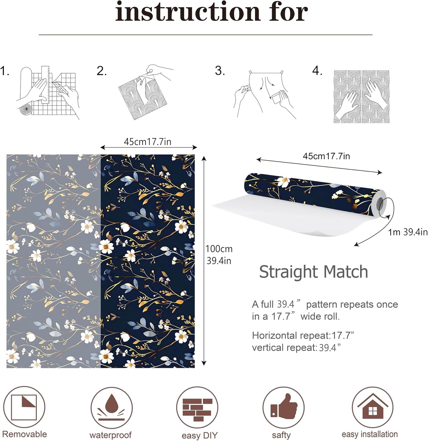 Peel and Stick Wallpaper, Soft Wildflower Botanical Contact Paper, PVC Vinyl Removable Wall Covering, Waterproof Easy-Clean, No Residue Renter Friendly, Neutral Decor, 39.4x17.3 in (Flowers2)