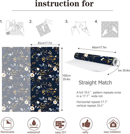 Peel and Stick Wallpaper, Soft Wildflower Botanical Contact Paper, PVC Vinyl Removable Wall Covering, Waterproof Easy-Clean, No Residue Renter Friendly, Neutral Decor, 39.4x17.3 in (Flowers2)
