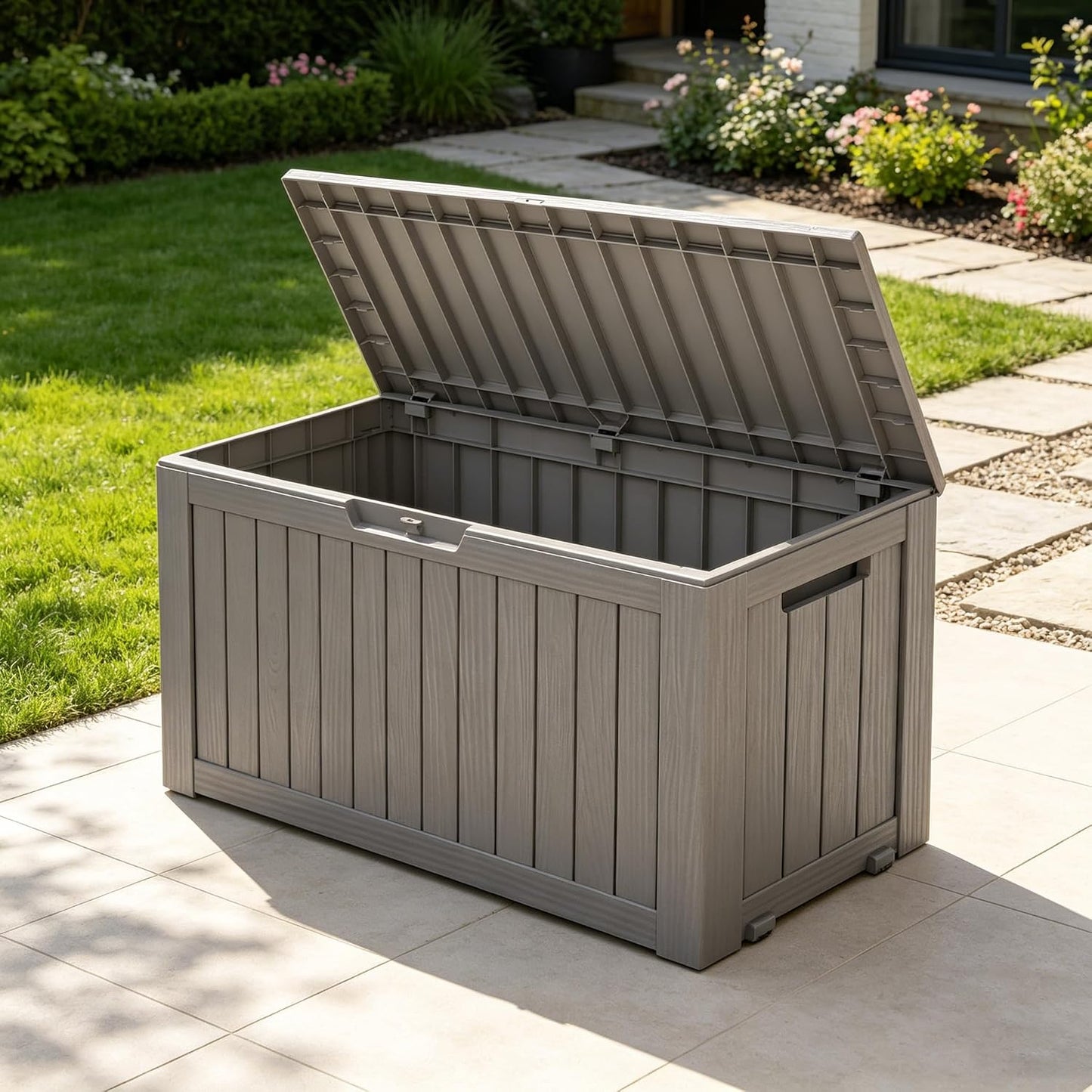 Fancyango 75 Gallon Outdoor Deck Box Waterproof, Large Storage Box for Patio, Resin Storage Bench Lockable for Garden Tools, Package Delivery, Black
