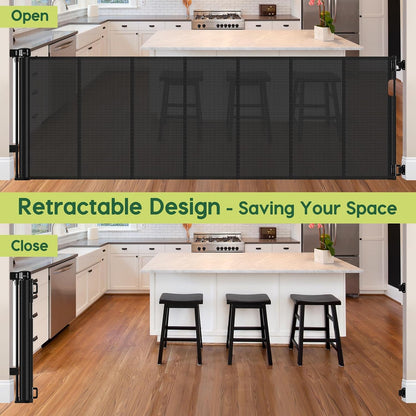 Reinforced 55" Wide Retractable Baby Gates with Reinforced Strips, Indoor/Outdoor Retractable Dog Gate for Doorway Prevent Bottom Drilling Through, No Bottom Bar Safety Mesh Baby Gate for Stair, Black