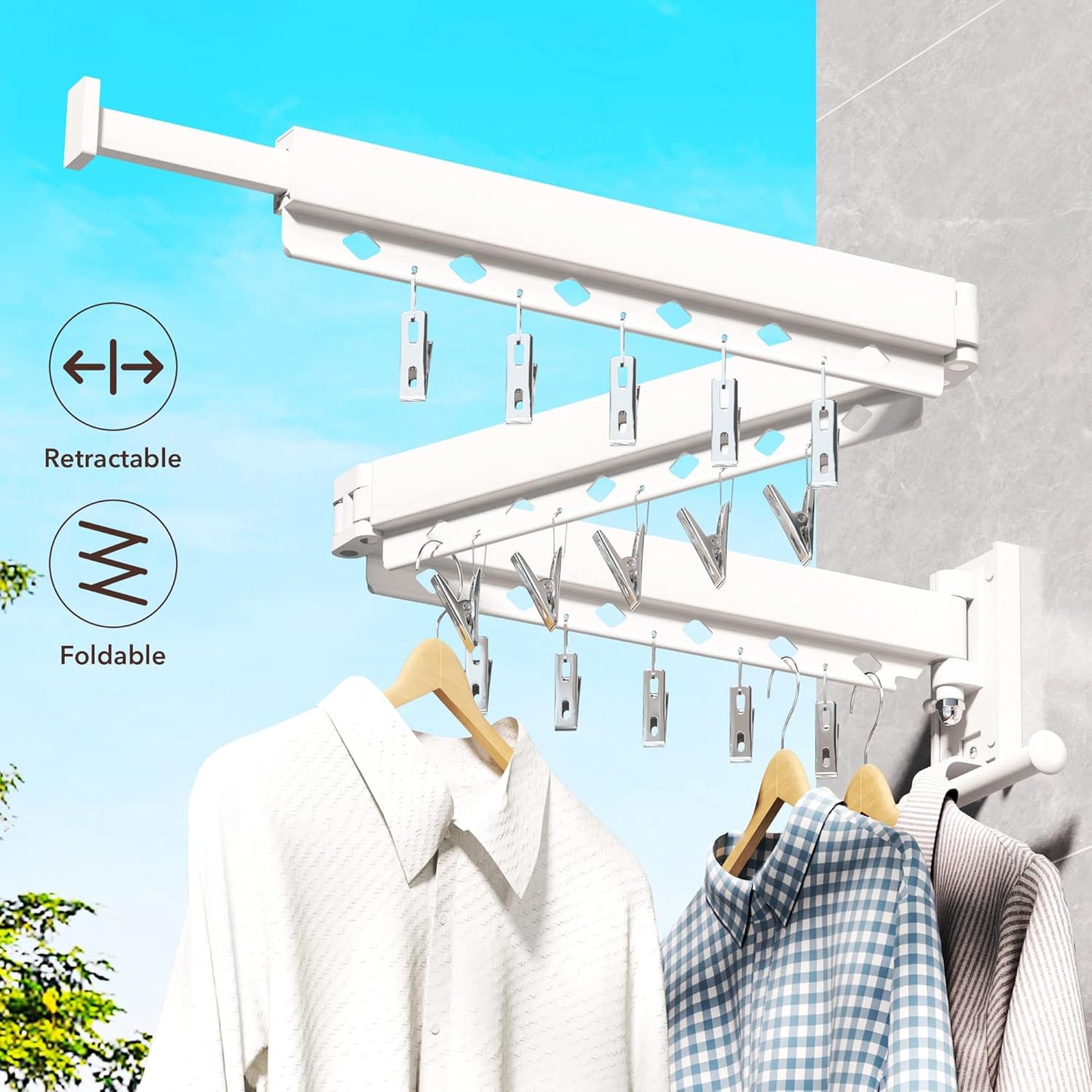 ZdwCyl Clothes Drying Rack Wall Mounted,Drying Rack Clothing,Clothes Hanging Rack,Retractable,Collapsible(Tri-Fold), White Color(Ring)