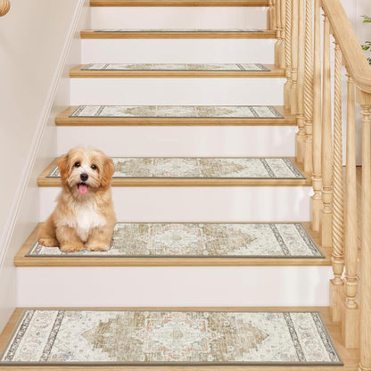 Pauwer Carpet Stair Treads for Wooden Steps Indoor 15 Pack 8" X 30" Peel and Stick Stair Treads Non Slip Staircase Step Treads Reusable Stair Runner Rugs for Dogs, Kids and Elders