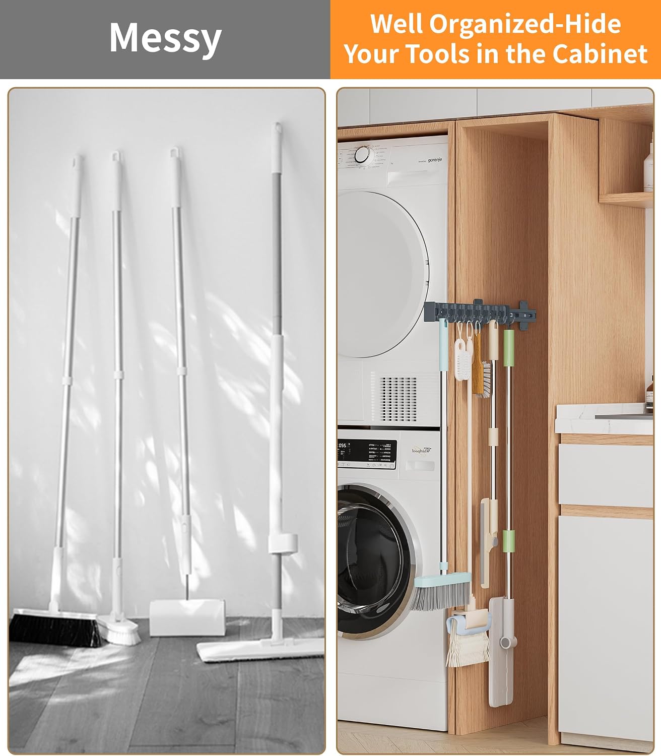 Pull Out Broom Holder With 9 Adjustable Sliding Hook, Multifunctional Slide Broom And Mop Storage/Organizer Garage Organization Hooks, for Closet Laundry - Dark grey- 41cm/16.14inch