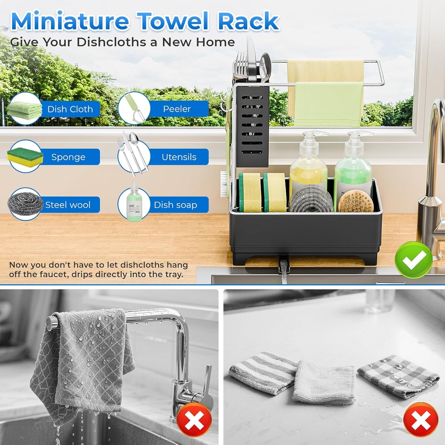 Kitchen Sink Caddy with Stainless Steel Towel Holder, Handy Sponge Holder for Kitchen Sink with Extending Drain Spout, No-Tool Assembly Space Saver for sink Countertop Accessories(Gray)