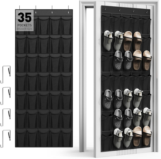 WVM Over the Door Shoe Organizer with 35 Breathable Mesh Pockets, Hanging Shoe Organizer for Door with 4 Metal Hooks, Large Capacity Closet Storage for Shoes, Accessories, Grey