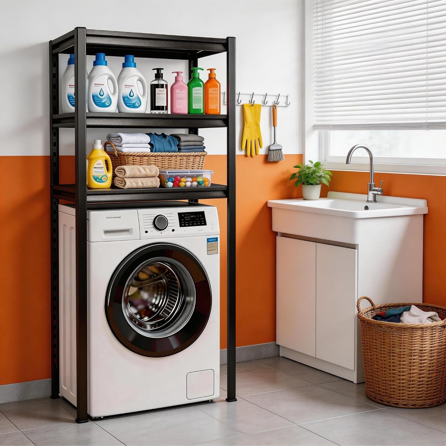 Over Washer and Dryer Shelves,5 Tier Adjustable Height Laundry Room Shelf and Storage,Metal Washing Machine Shelves Space Saver for Bathroom Over Toilet,Black (77×35×16in)