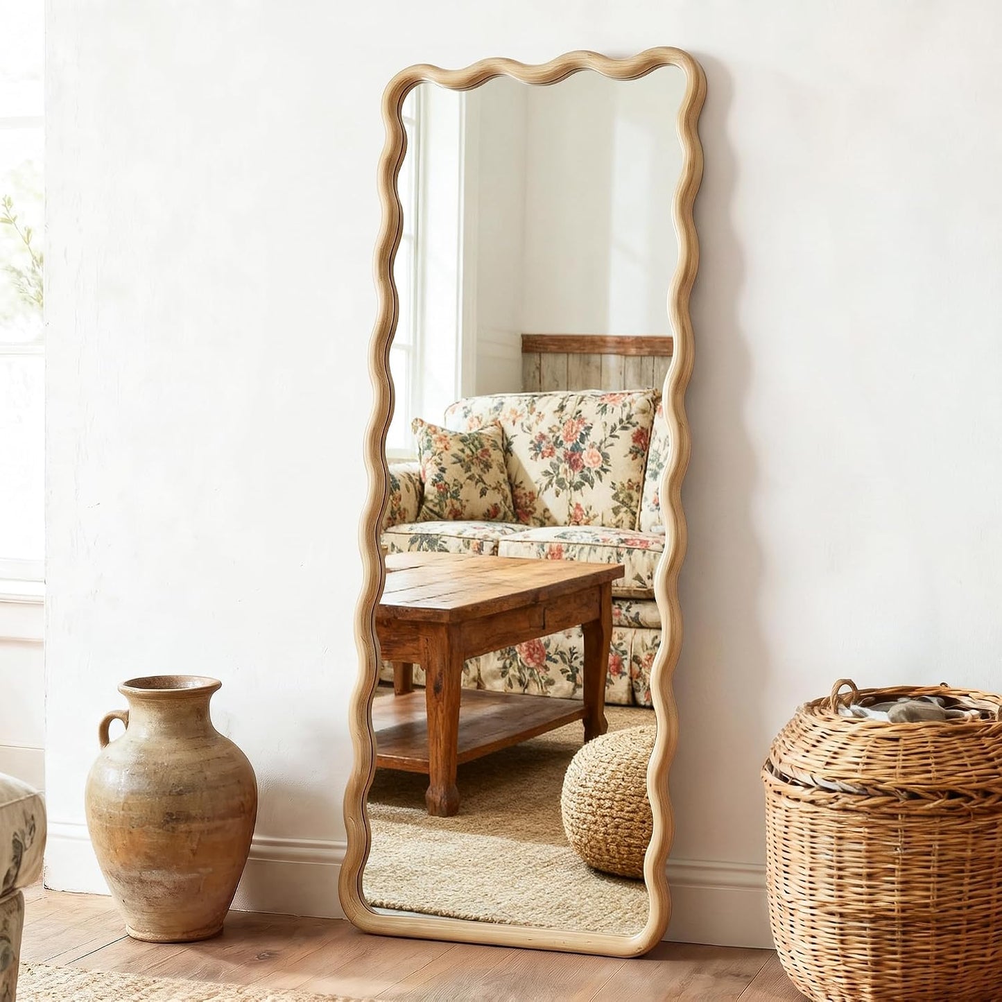 Full Length Mirror, 55"x28" Boho Wavy Wood Floor Mirror, for Bathroom, Bedroom, Living Room, Cloakroom, Entryway
