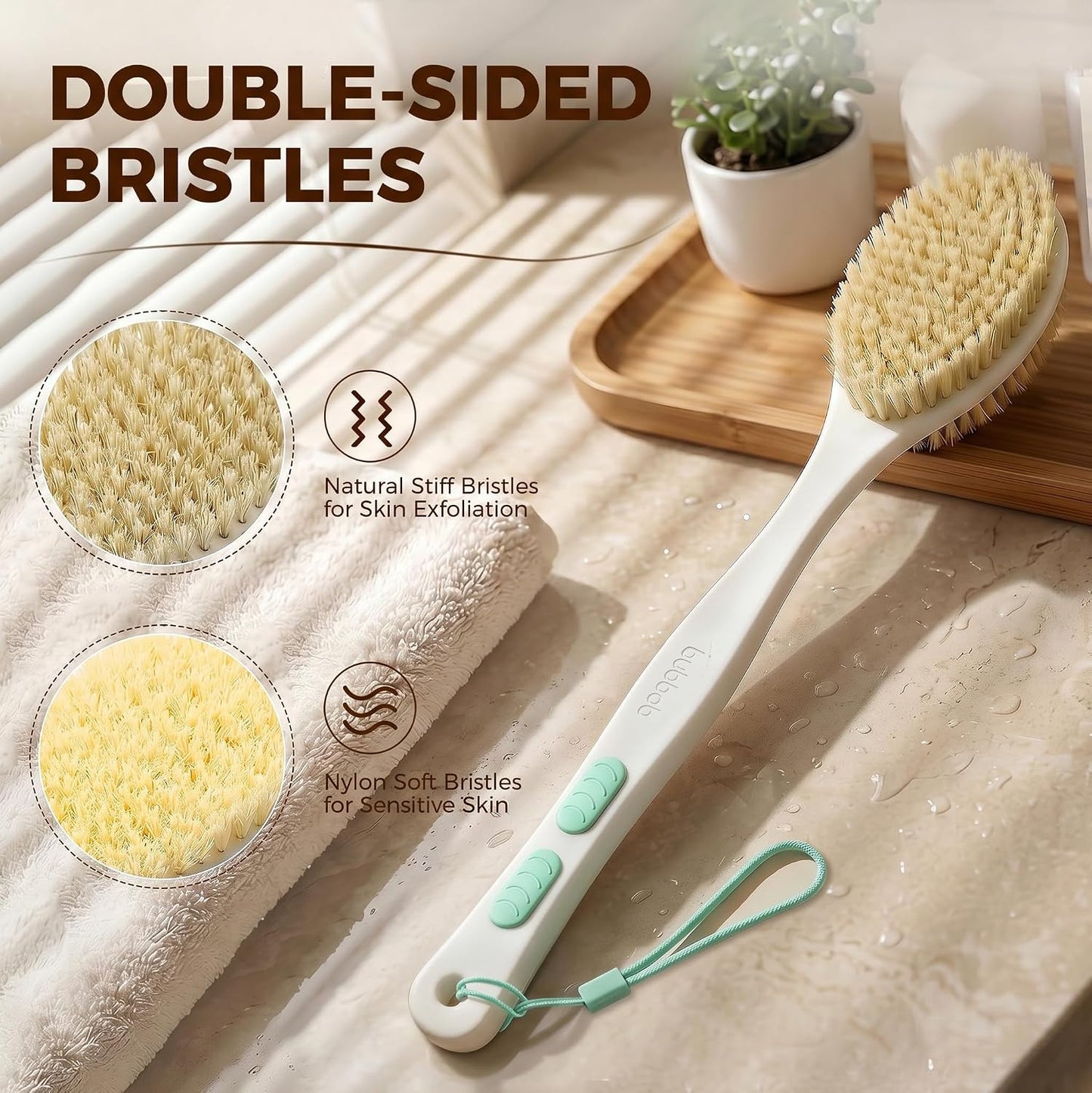 Back Scrubber for Shower with Long Handle, Blue | Double Sided Bristles (Stiff & Soft), Anti-Slip Grip, Lightweight - Gift for Seniors, Includes Lanyard & Hook