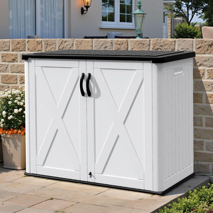 Patiowell 26 Cu.ft Outdoor Storage Cabinet with Lockable Door, Waterproof Horizontal Storage Shed for Tools and Patio Furniture, All-Weather Resin Shed Easy Assemble for Pool or Backyards, Brown