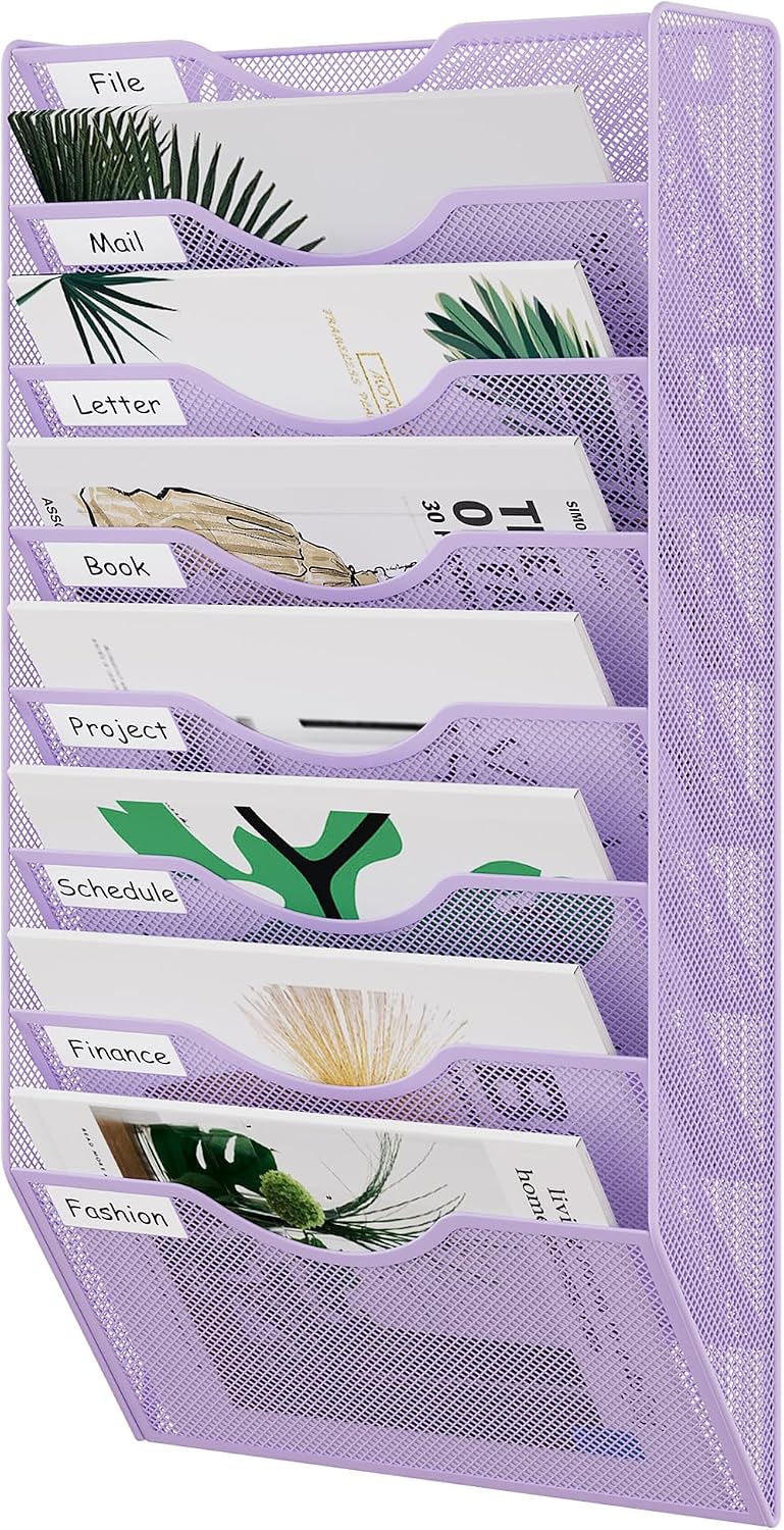 EasyPAG 5 Pocket Mesh Wall File Organizer with Key Hooks, Hanging Paper Folder Holder with Classify Label, Vertical Wall Mount Mail Organizer for Office Home Classroom, Black