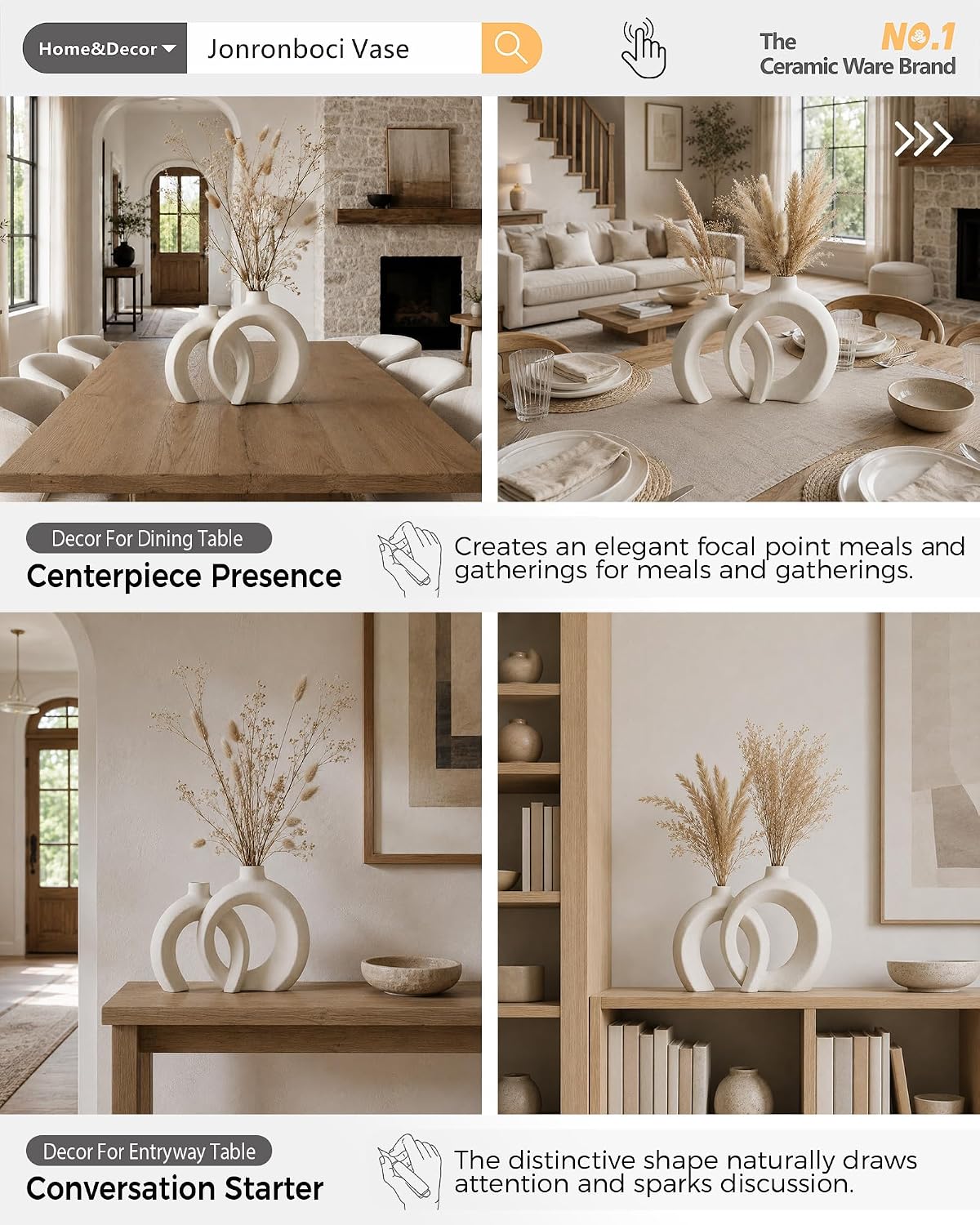 7.2″Hx8.9″H Donut Shape Decorative Vase Set of 2, Ceramic, Modern Minimalism Styles, Flowers or Plant Table Vases for Home Decor Living Room Shelf Entry Console Mantle Dining Centerpiece (Matte White)