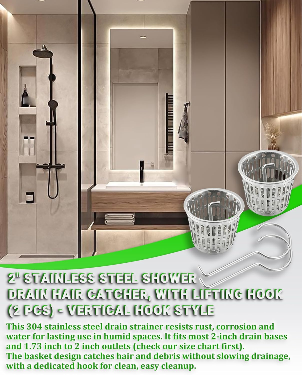 2 Pcs Shower Drain Strainer Hair Catcher, 304 Stainless Steel Drain Strainer Compatible with Oatey Designline Linear & Square Shower Drains with Drain Grate Lifting Key, Vertical Hook Style