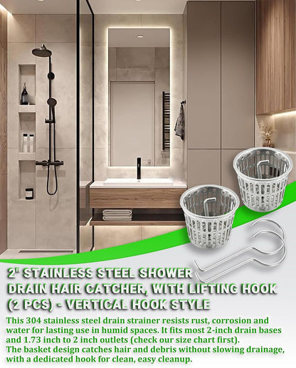 2 Pcs Shower Drain Strainer Hair Catcher, 304 Stainless Steel Drain Strainer Compatible with Oatey Designline Linear & Square Shower Drains with Drain Grate Lifting Key, Vertical Hook Style