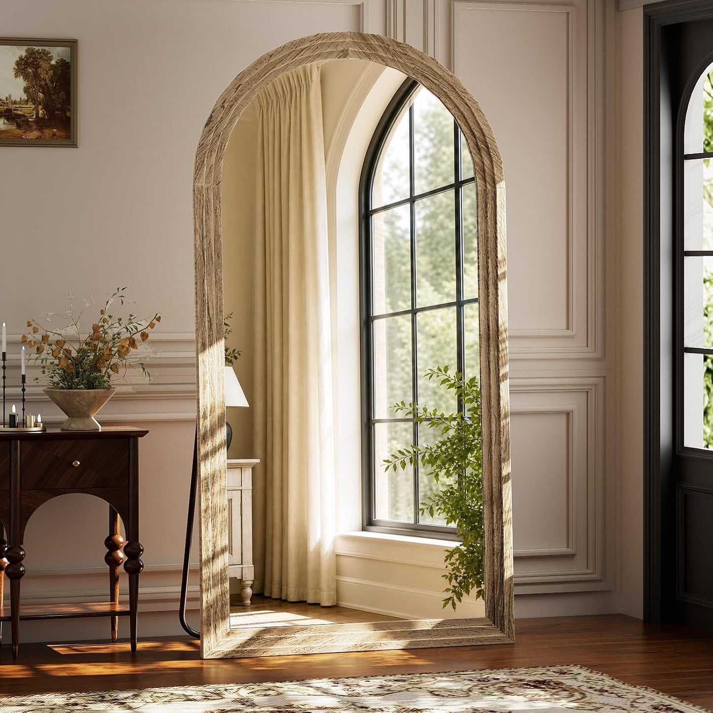 XRAMFY Full Length Mirror 65" x 22", Arched Large Floor Mirror with Solid Wood Frame, Freestanding & Wall Mounted, Antique Brown Finish for Bedroom Living Room