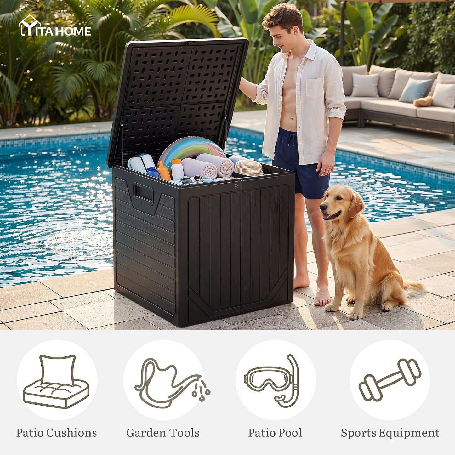 YITAHOME 100 Gallon Large Outdoor Deck Box | Waterproof Resin Storage Box, Lockable Indoor Outdoor Storage Container for Patio Furniture Cushions, Pool Accessories